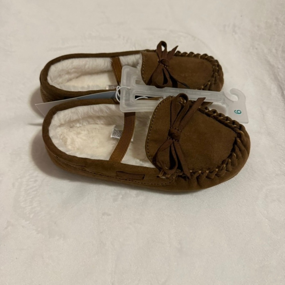 Cat & Jack Toddler Brown Faux Suede Moccasin Slippers Faux Fur Lined Size 9